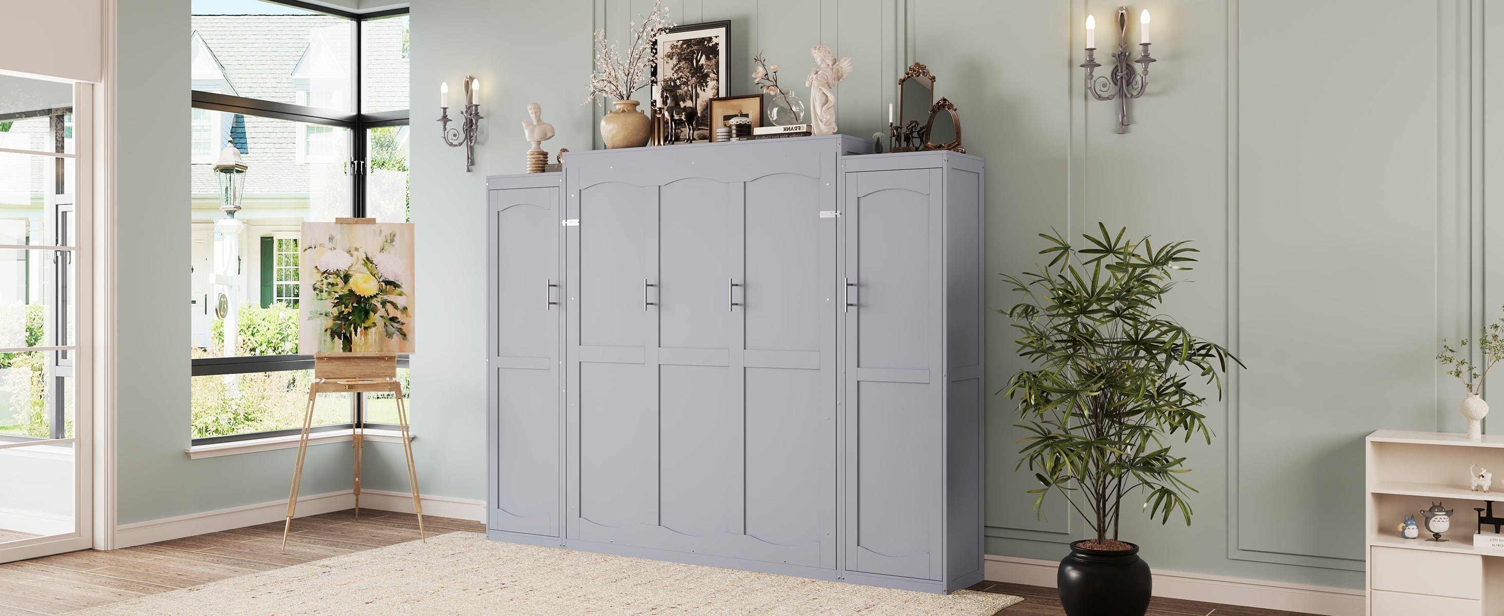 Full Size Murphy Bed, Wooden Full Wall Bed with 2 Wardrobe and Storage Shelf, Multifunctional Foldable Platform Bedframe for Guest-Room, Bedroom, Gray