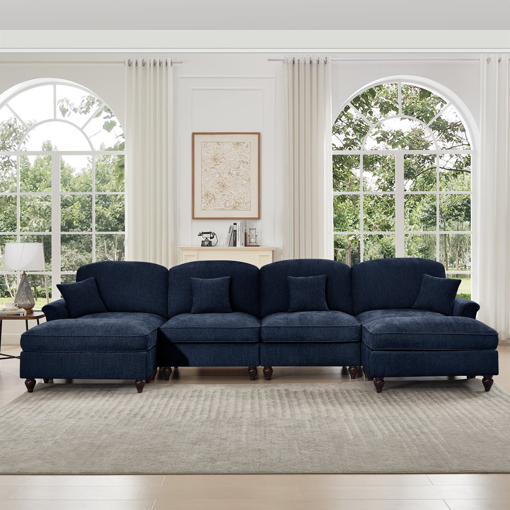 Classic U Shape 4 Seater Modular Sectional Sofa Couch with Flared Arms and Removable Ruffles Pleats Skirts and Spindle Legs, Chenille Deep Seat Cloud Sofa with Movable Ottomans, Blue