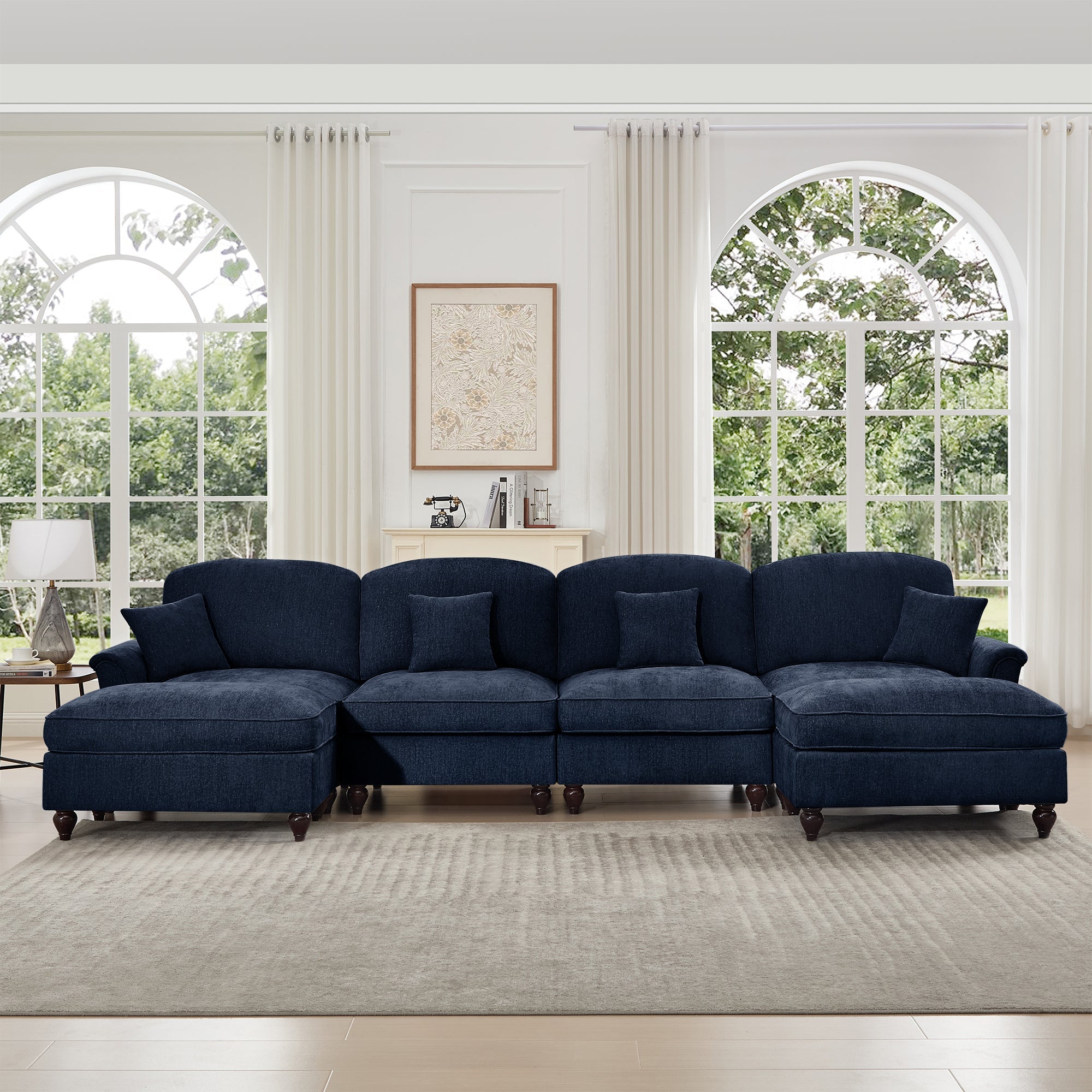 Classic U Shape 4 Seater Modular Sectional Sofa Couch with Flared Arms and Removable Ruffles Pleats Skirts and Spindle Legs, Chenille Deep Seat Cloud Sofa with Movable Ottomans, Blue