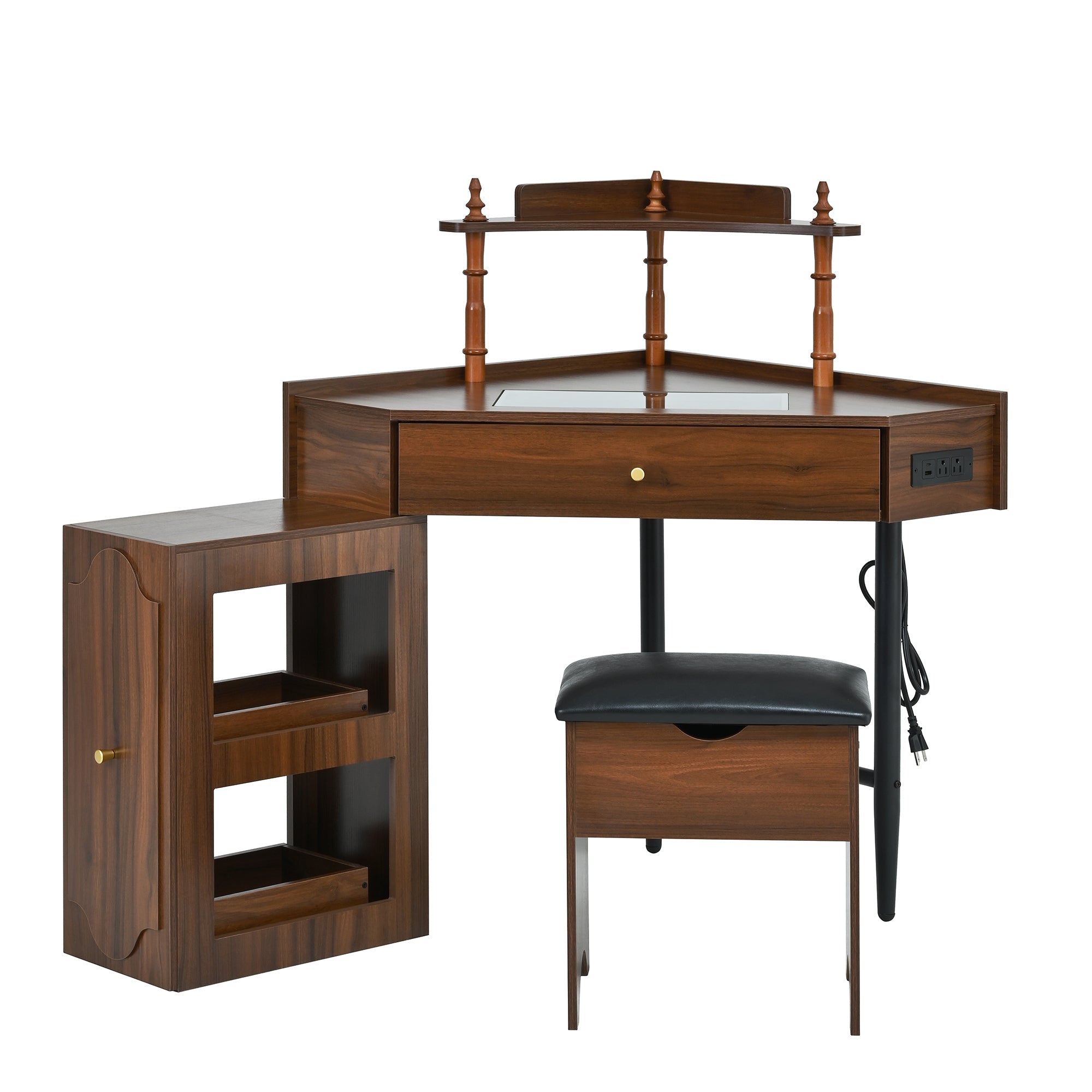 Corner Vanity Desk Set with Storage Cushioned Stool and Charging Station, Triangle Makeup Desk with Removable Pull-Out Side Cabinet, Glass Tabletop Makeup Vanity Desk with Drawer and Shelf, Walnut