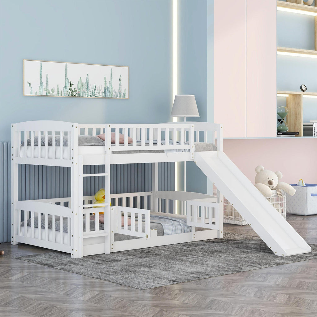 Bunk Bed with Slide,Twin Over Twin Low Bunk Bed with Fence and Ladder for  Kids Teens White