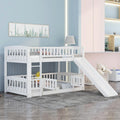 Bunk Bed with Slide,Twin Over Twin Low Bunk Bed with Fence and Ladder for  Kids Teens White