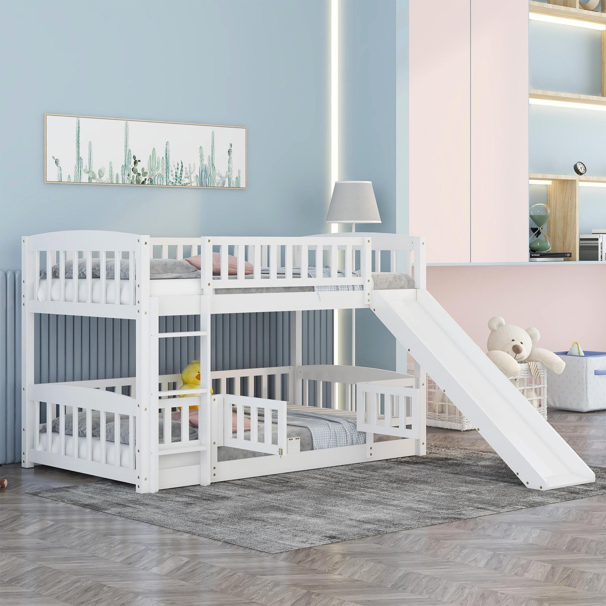 Bunk Bed with Slide,Twin Over Twin Low Bunk Bed with Fence and Ladder for  Kids Teens White