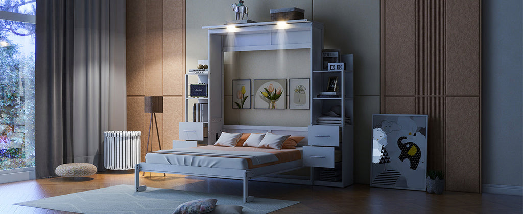 Queen Size Murphy Bed Wall Bed with Shelves, Drawers and LED Lights,White(OLD SKU:LP000566AAK-1)
