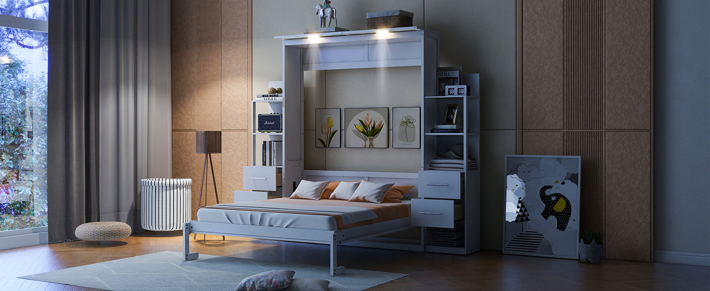 Queen Size Murphy Bed Wall Bed with Shelves, Drawers and LED Lights,White(OLD SKU:LP000566AAK-1)