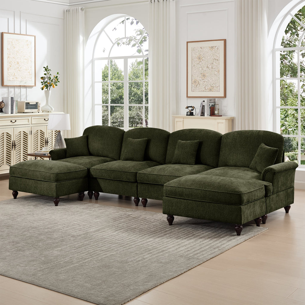 Classic U Shape 4 Seater Modular Sectional Sofa Couch with Flared Arms and Removable Ruffles Pleats Skirts and Spindle Legs, Chenille Deep Seat Cloud Sofa with Movable Ottomans, Green