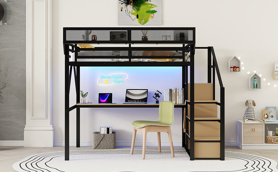 Full Loft Bed with Desk and Charging Station, Full Size Metal Loft Bed with Stairs and Light for Kids Teens, Black, Patent Products