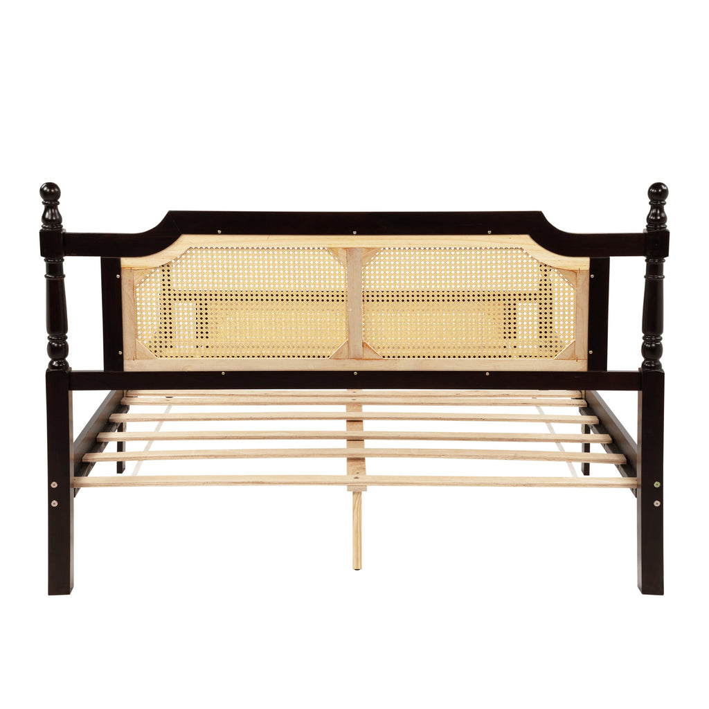 Queen Pine wooden Bed with Rattan Headboard  and Footboard, with  Central Enhanced Bed Platform ,Espresso