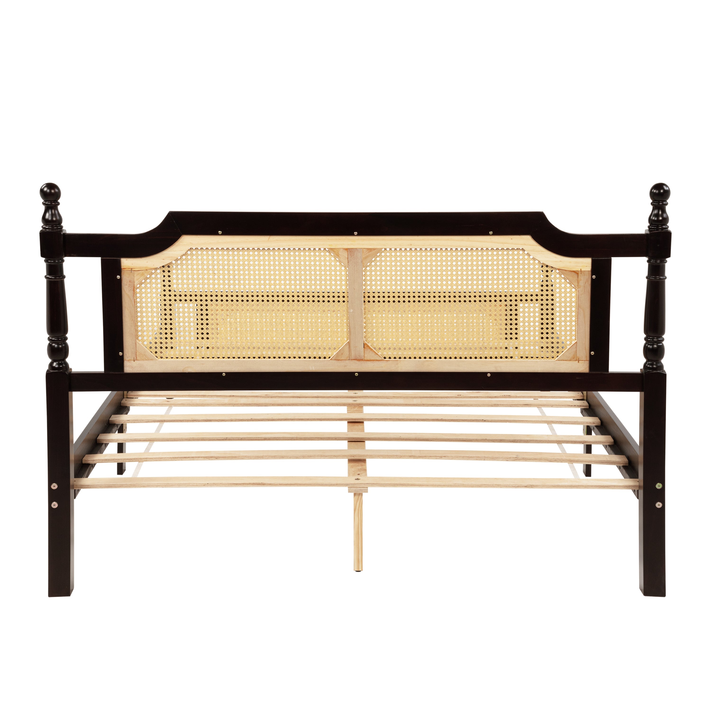 Queen Pine wooden Bed with Rattan Headboard  and Footboard, with  Central Enhanced Bed Platform ,Espresso