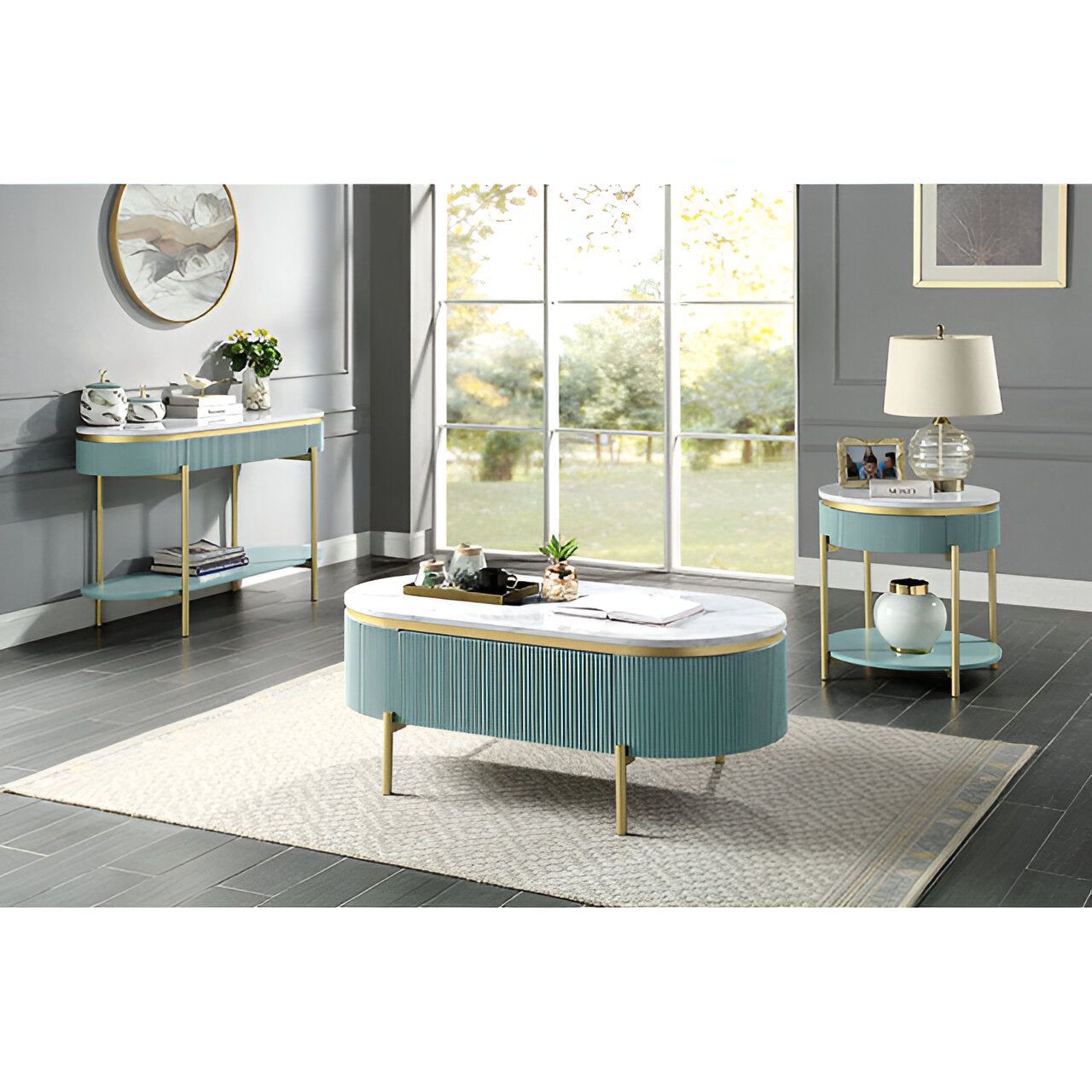 Glam Contemporary Light Teal 1pc Coffee Table White Faux Marble Top Living Room Table W Drawer