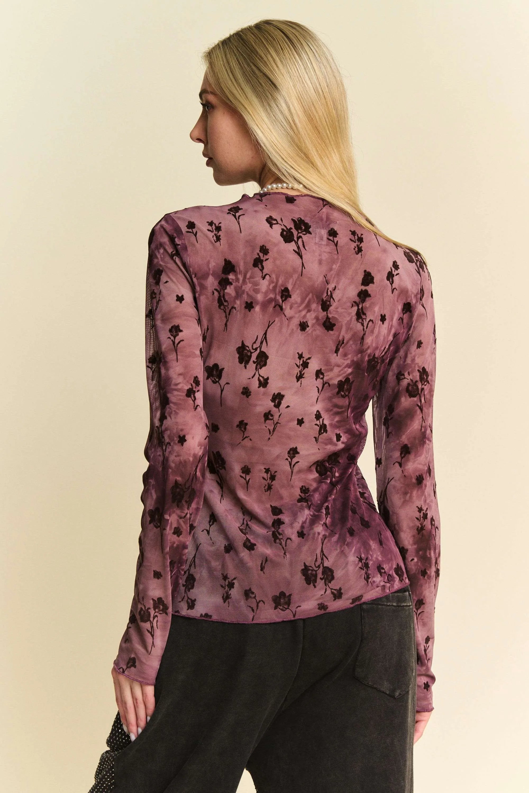 Davi & Dani Floral Mesh Long Sleeve Sheer Layering Top