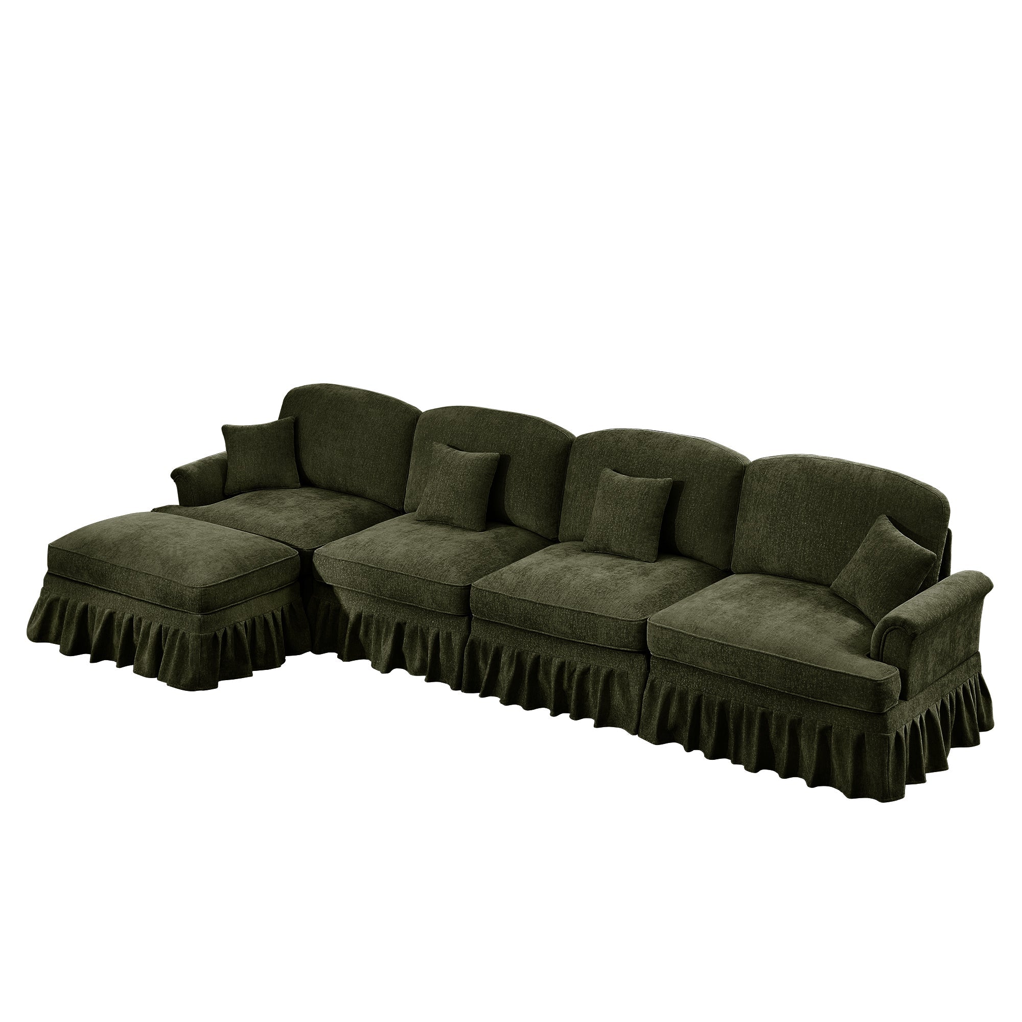 Classic Three Seater Modular L Shaped Sectional Couch with Flared Arms and Removable Ruffles Pleats Skirts and Spindle Legs, Comfy Chenille Four-Seat Deep Seat Sofa with Movable Ottoman, Green