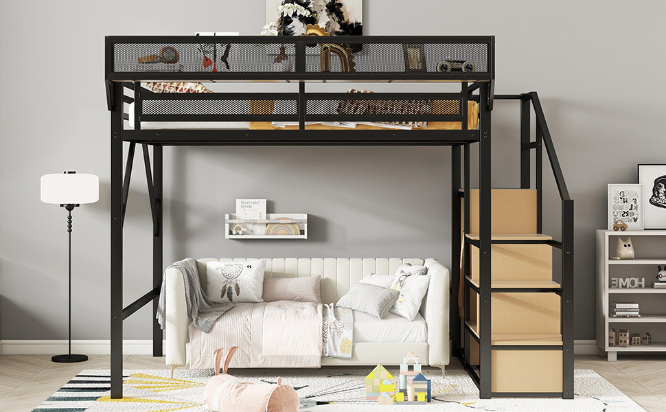 Queen Size Loft Bed with Stairs, Metal Queen Loft Bed with Storage Shelves, High Loft Bed with Wardrobe for Kids Teens Adults, Black(Old SKU W2580S00026 ) Patent Products
