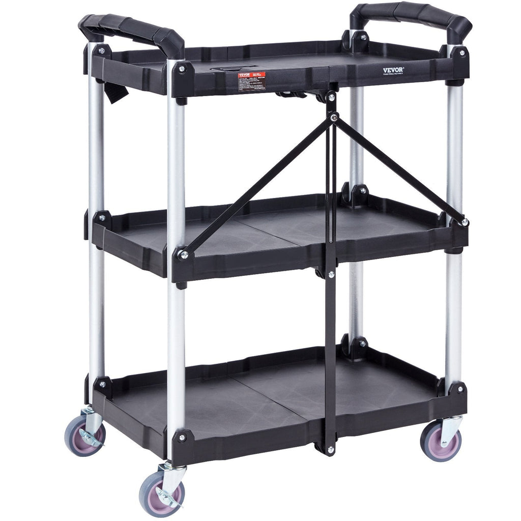 Foldable Utility Service Cart, 3 Shelf 165LBS Heavy Duty Plastic Rolling Cart with Lockable Wheels, Ergonomic Handle, Portable Garage Tool Cart for Warehouse/Office/Home(25.62'x15.43'x32.76')