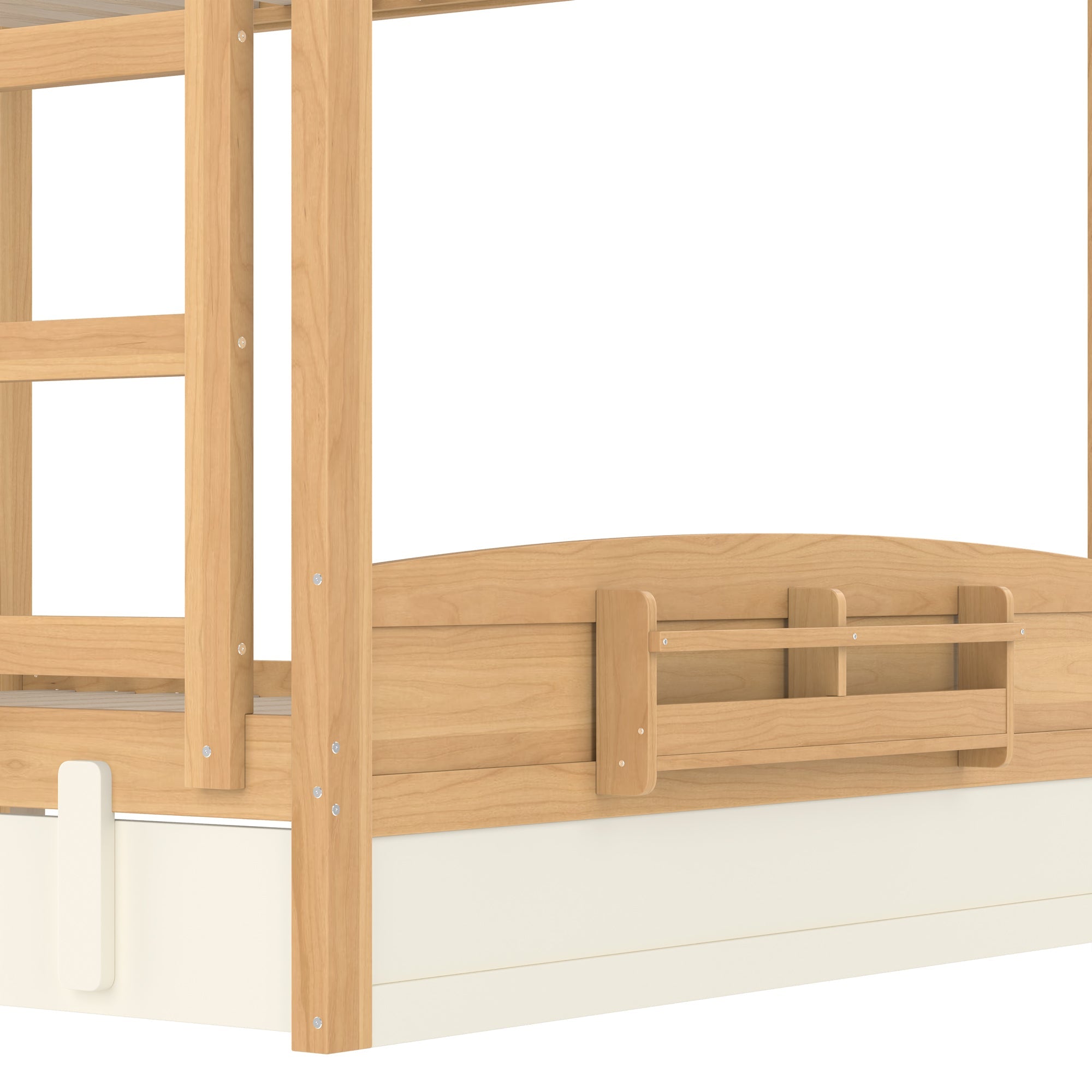 Queen Bunk Bed with Trundle , Wood Bunk Bed Frame with Built-in Bookshelf and High-quality Safety Guardrail,Automobile Form Design for Kids,Natural＆Beige