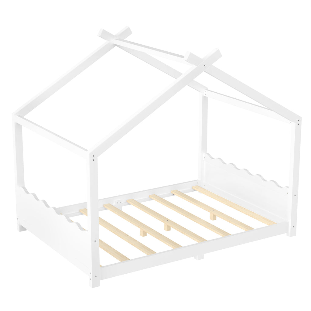 Full House Floor Bed with Support Slats, Solid Wood House Bed Frame for Kids, No Box Spring Needed and Opening Constructure, White