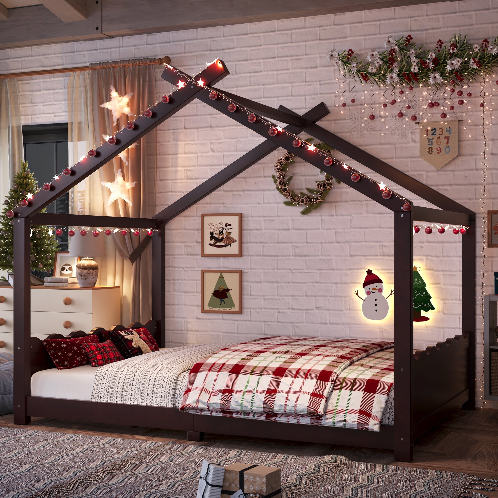 Full House Floor Bed with Support Slats, Solid Wood House Bed Frame for Kids, No Box Spring Needed and Opening Constructure, Espresso