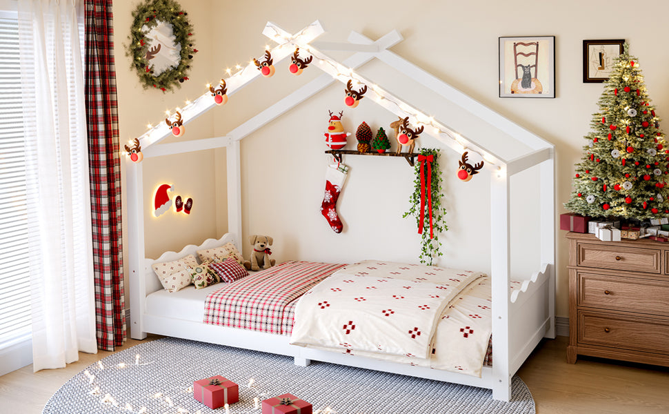 Twin House Floor Bed with Support Slats, Solid Wood House Bed Frame for Kids, No Box Spring Needed and Opening Constructure, White