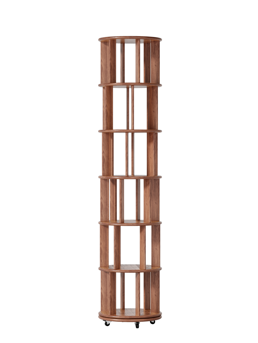100%Solid Wood Rotating Bookshelf on Wheels, 6 Tier, Round Revolving Bookcase, 360° Spinning Book Shelf Tower for Kids, Narrow Rolling Bookshelves for Small Space, Corner, Bedroom, Office, Walnut