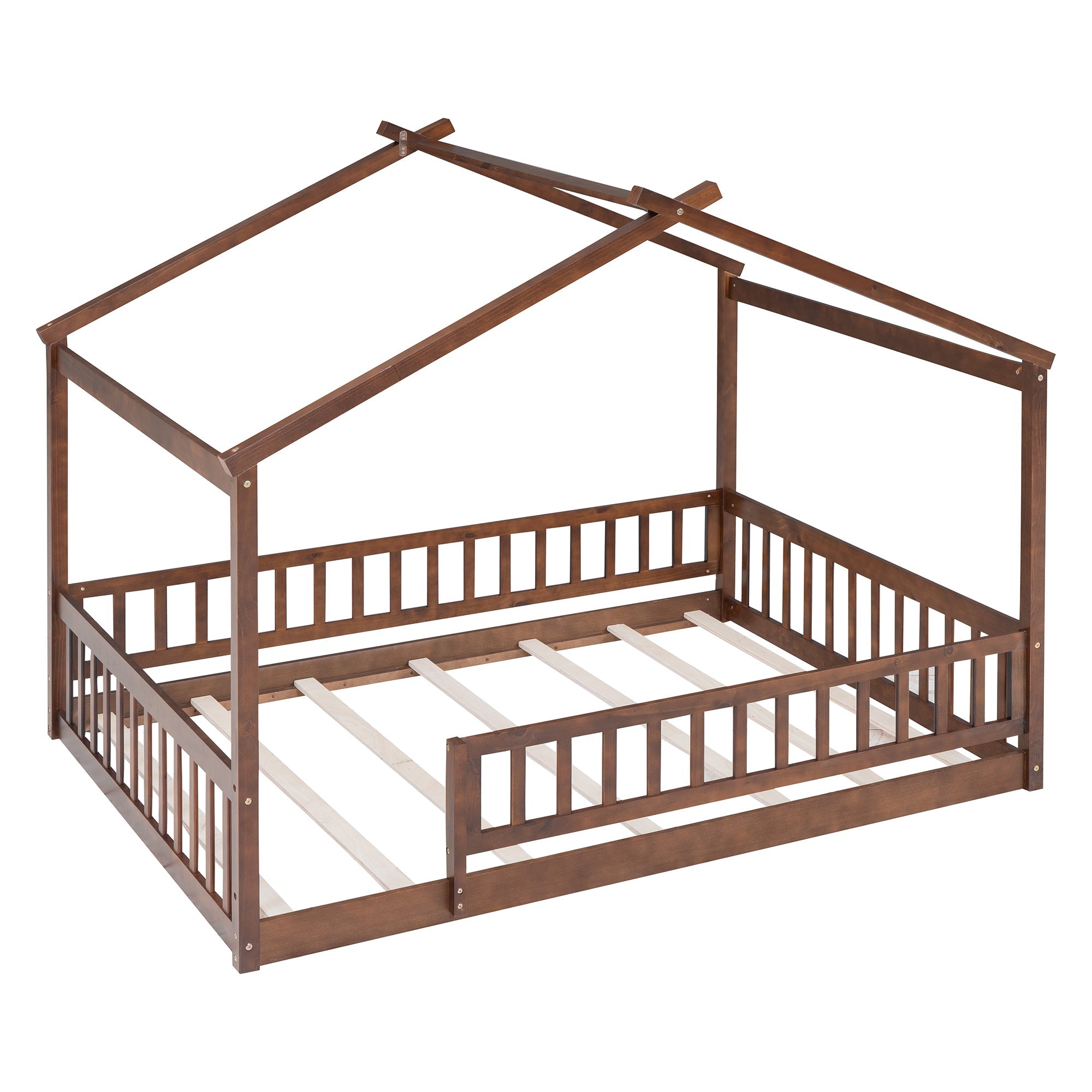 Full Size Wood Bed House Bed Frame with Fence, for Kids, Teens, Girls, Boys,Walnut