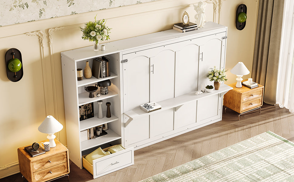 Queen Size Murphy Bed with Height Adjustable Storage Compartments and Shelf, Wall Bed Frame With 1 Drawer, Multifunctional Foldable Platform Bed for Small Space,Bedroom,Guest Room, White
