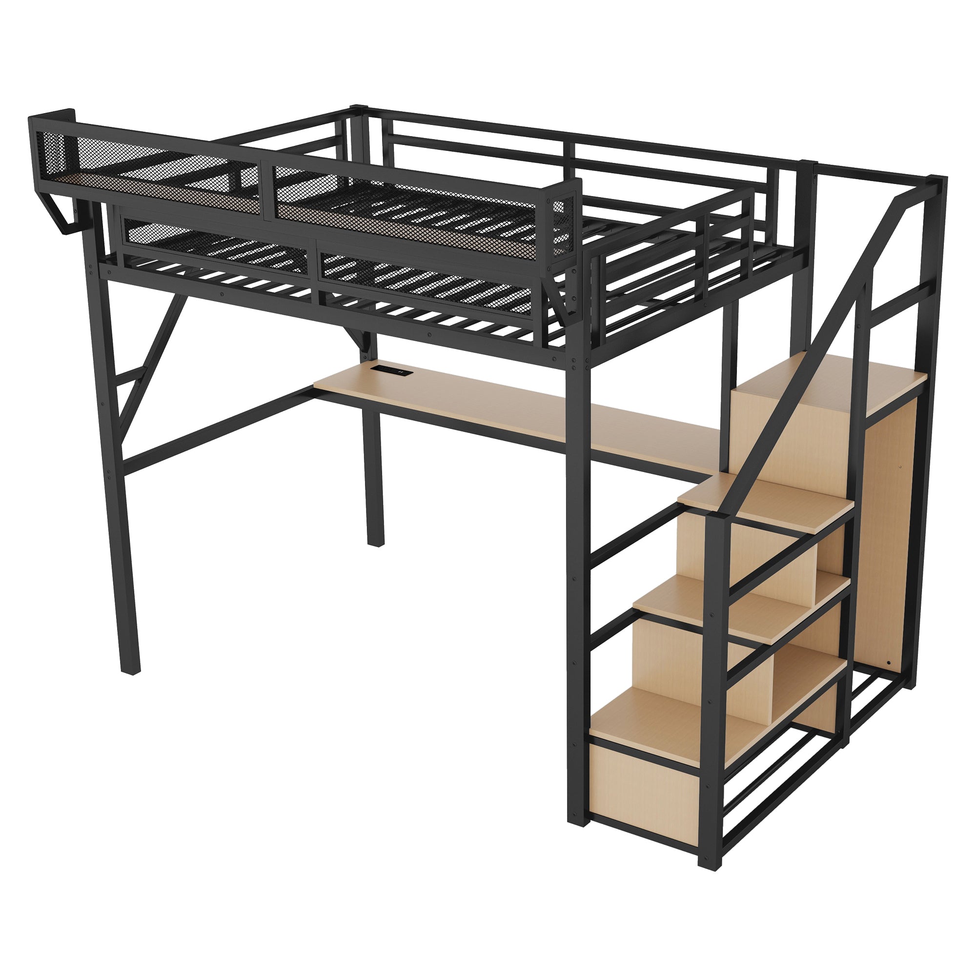 Full Loft Bed with Desk and Charging Station, Full Size Metal Loft Bed with Stairs and Light for Kids Teens, Black, Patent Products
