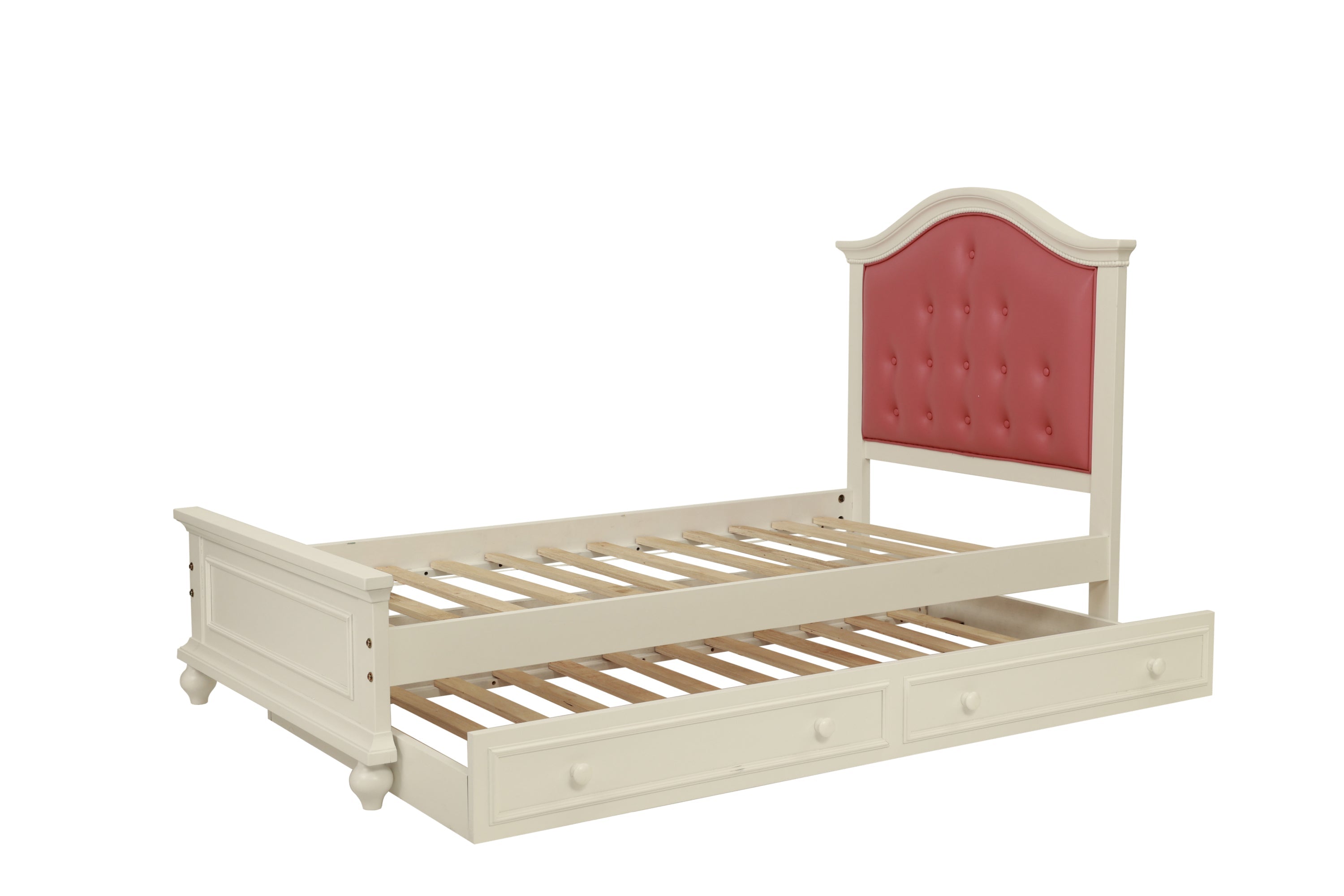 Contemporary Style Twin Size Bed w/ Trundle Slats Pine Plywood Kids Youth Bedroom Furniture Pink Faux Leather Tufted HB