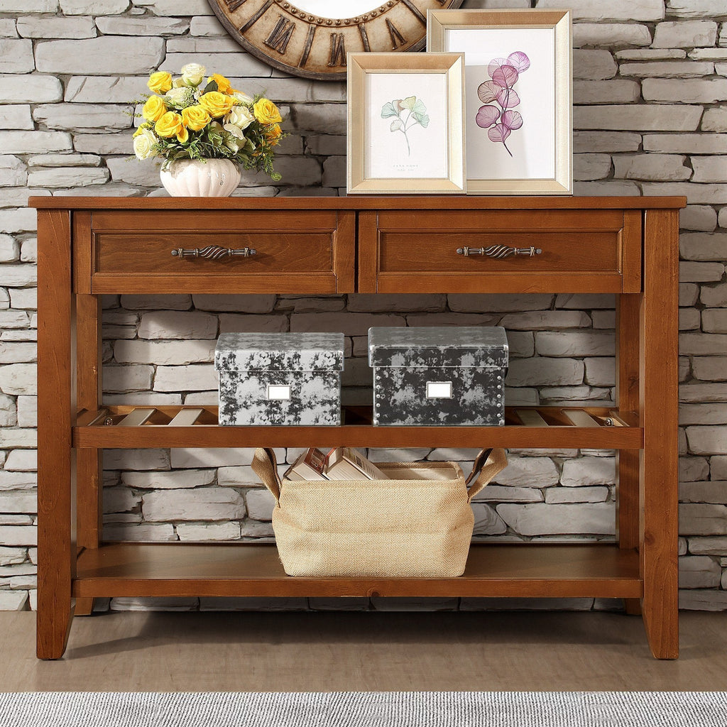 Console Sofa Table with 2 Storage Drawers and 2 Tiers Shelves, Mid-Century Style 42'' Solid Wood Buffet Sideboard for Living Room Furniture Kitchen Dining Room Entryway Hallway, Brown