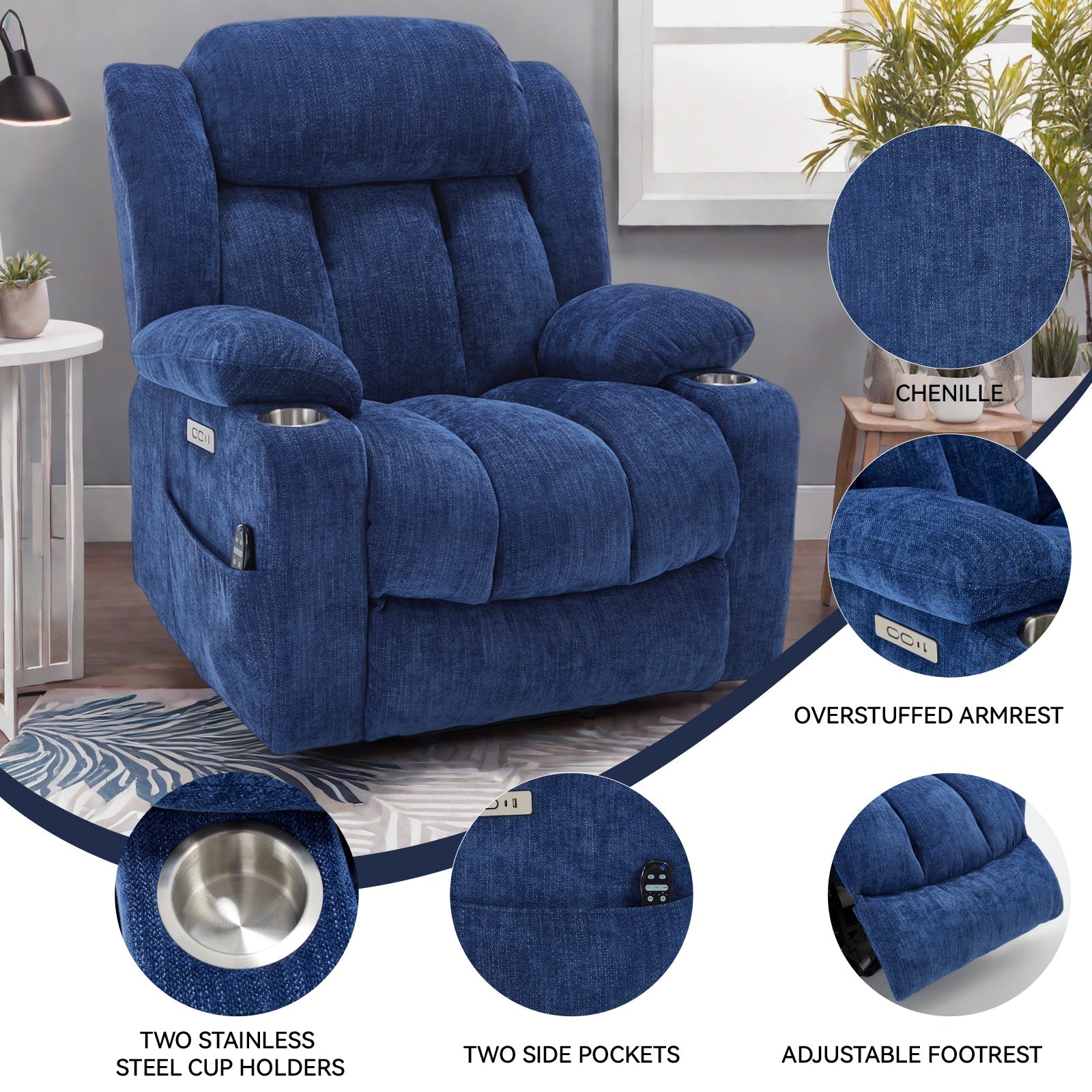 Up to 350 LBS Chenille Power Lift Recliner Chair, Heavy Duty Motion Mechanism with 8-Point Vibration Massage and Lumbar Heating, USB and Type-C Ports, Stainless Steel Cup Holders, Blue
