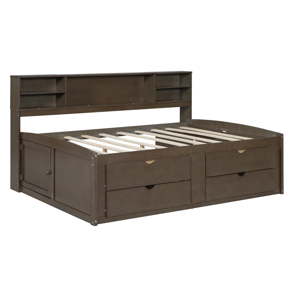 Full Size Wood Daybed with 2 Bedside Cabinets, Upper Shelves and 4 Drawers, Antique Brown