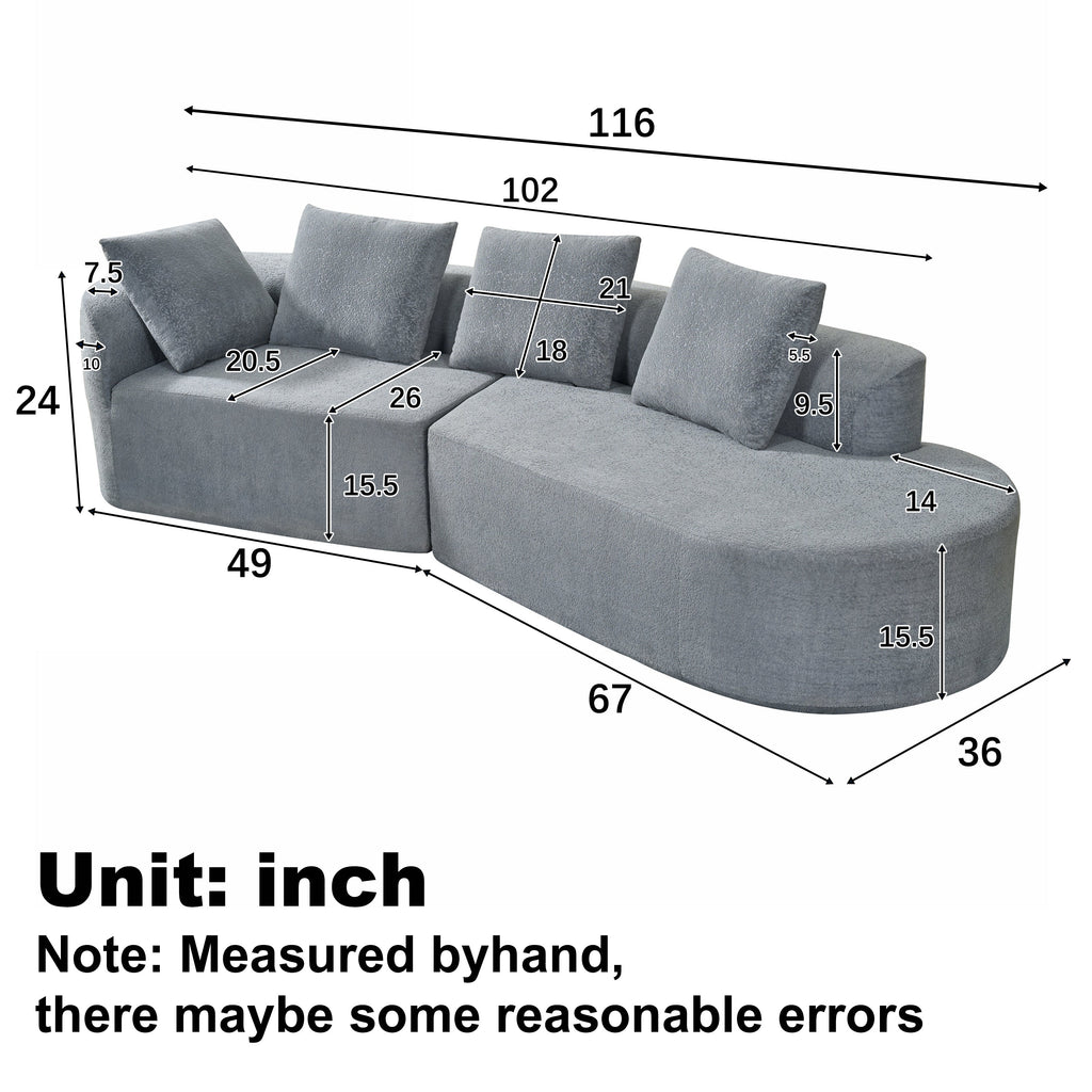 116' Modern Curved Sectional Sofa with High-Density Fully Compressed Sponge and Chaise Lounge, Pearl Upholstery, 2-Piece Set, Fully Assembled Right Hand Facing, Perfect for Living Room, Lounge