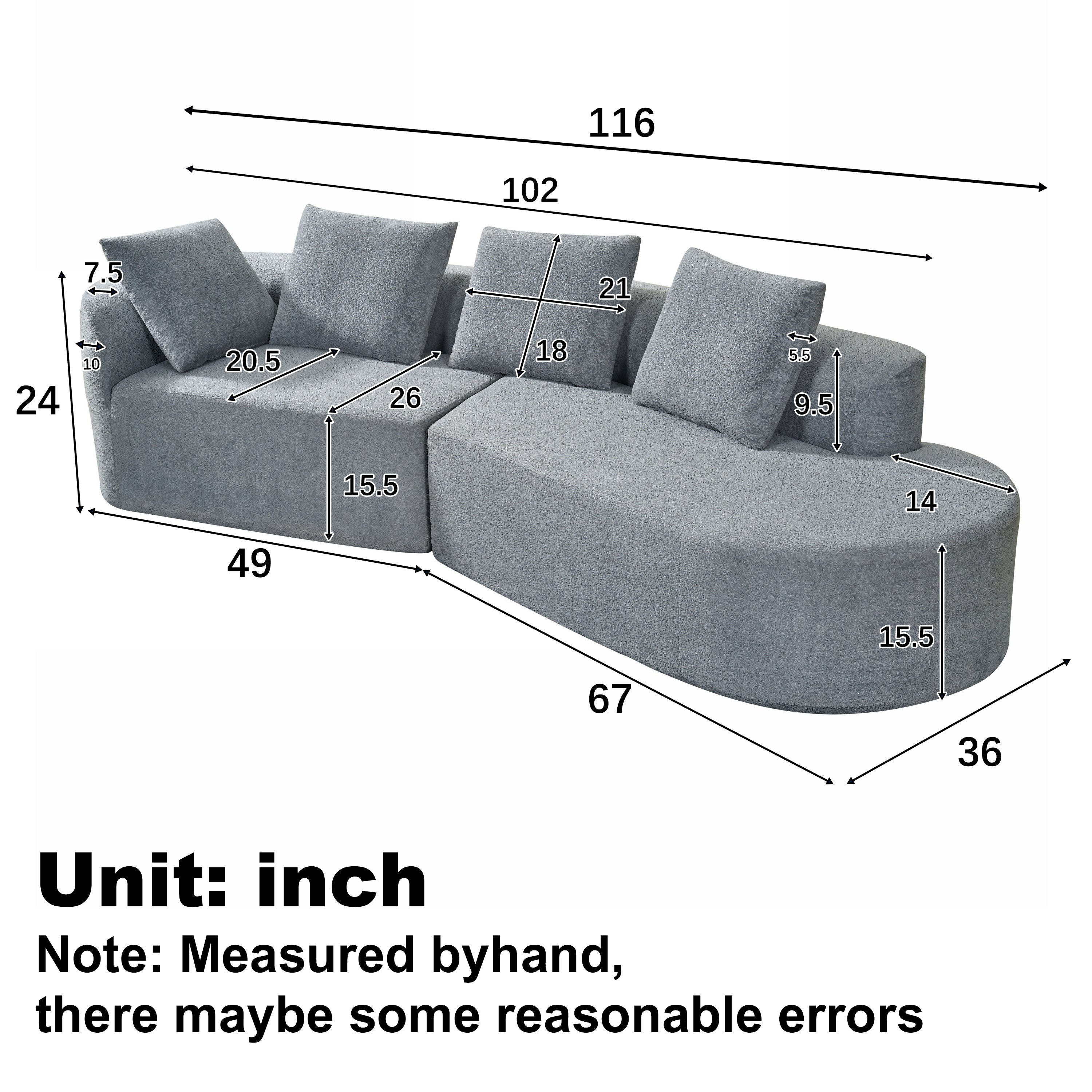 116' Modern Curved Sectional Sofa with High-Density Fully Compressed Sponge and Chaise Lounge, Pearl Upholstery, 2-Piece Set, Fully Assembled Right Hand Facing, Perfect for Living Room, Lounge