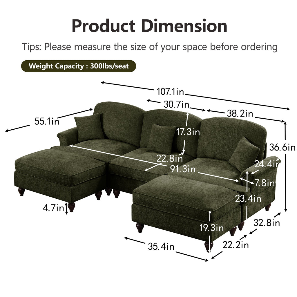 Classic Comfy Modular U Shape Sectional Sofa Couch with Flared Arms and Removable Ruffles Pleats Skirts and Spindle Legs, Upholstered Chenille Deep Seat Cloud Sofa with Movable Ottomans,Green