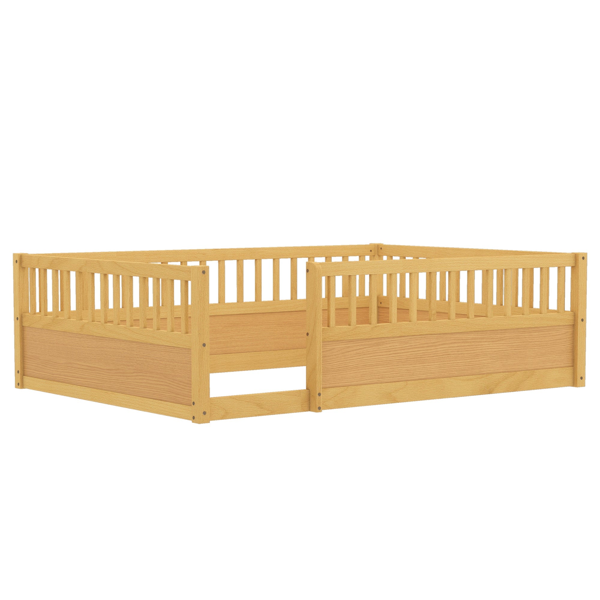 Full Floor Bed Frame with Fence, Montessori wooden children's floor bed,Wood Kids Floor Beds Frame for Bedroom Playroom,Natural