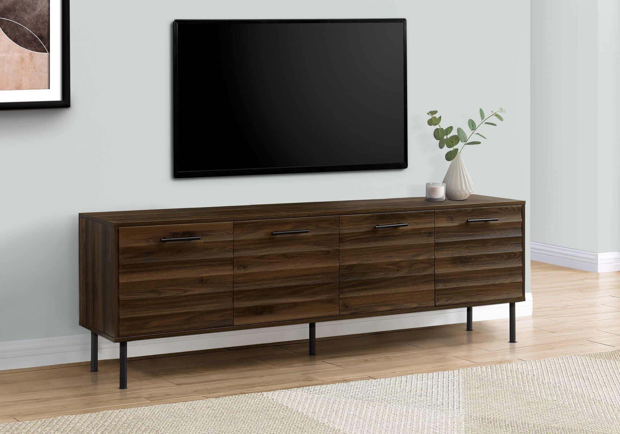 Tv Stand, 72 Inch, Console, Media Entertainment Center, Storage Cabinet, Brown Laminate, Black Metal, Transitional