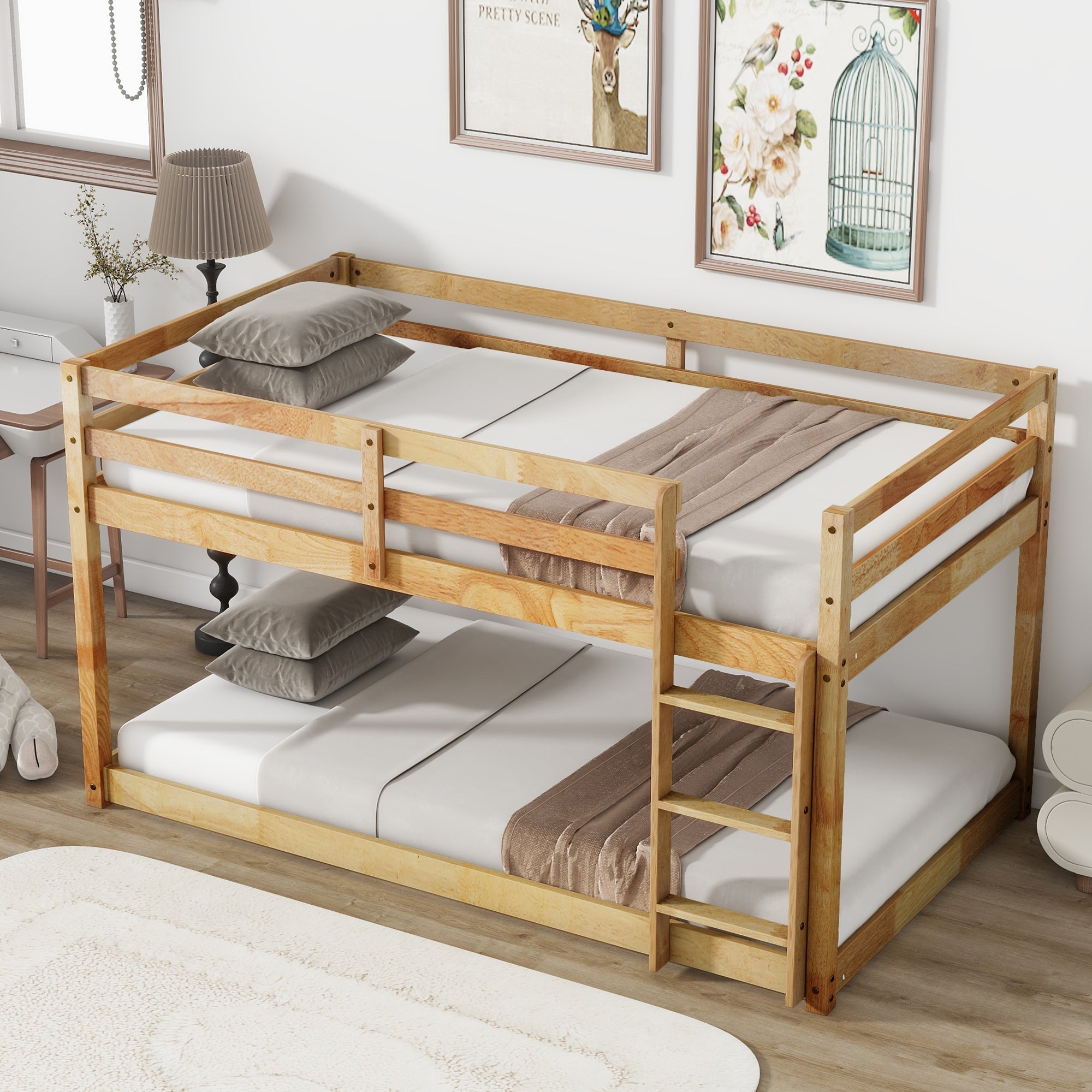 Solid Wooden, Solid Rubber Wooden Twin over Twin Floor Bunk Bed with Ladder, with Bed Platform of Strengthened Slats  , Natural