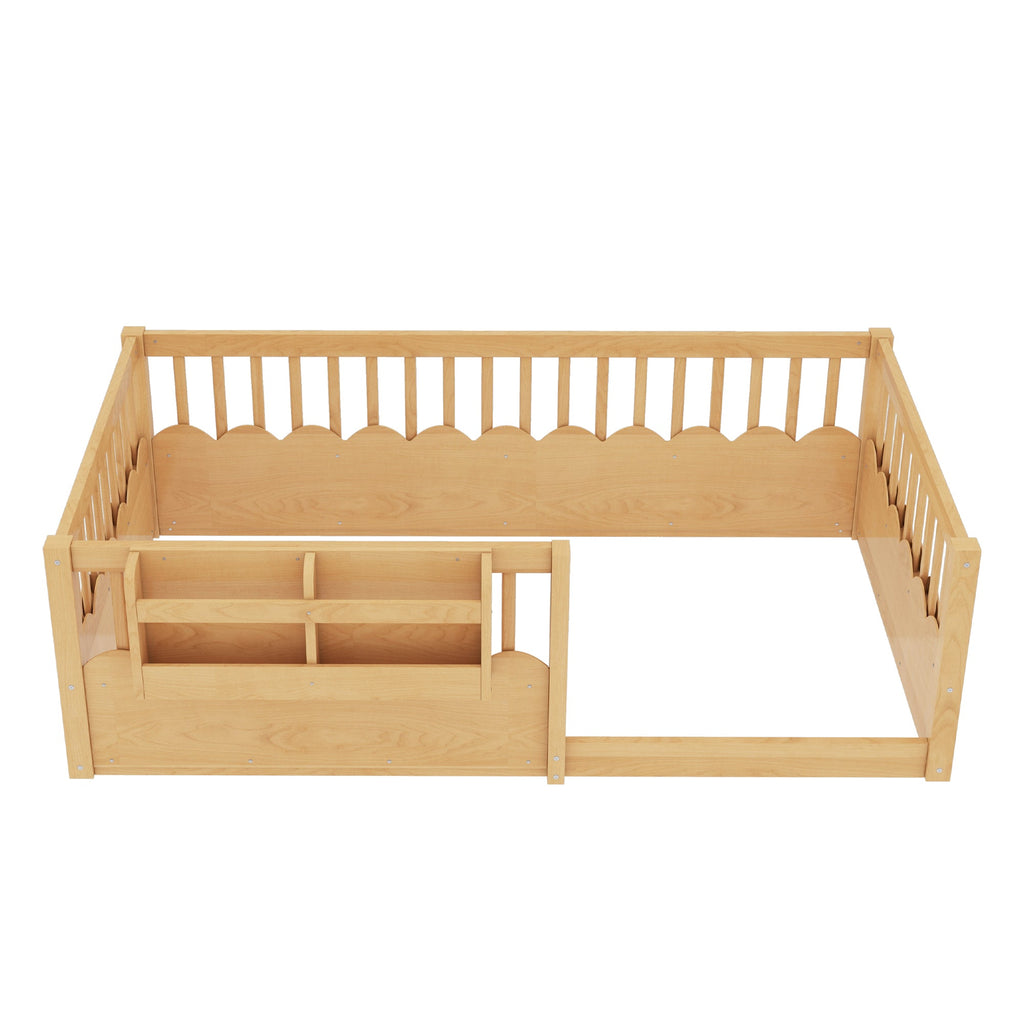 Twin Floor bed with Heightened Fence and bookshelf ,Wood Floor Bed for Kids, Natural.