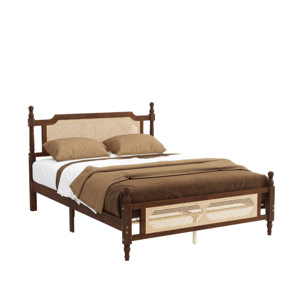 Queen Pine wooden Bed with Rattan Headboard  and Footboard, with  Central Enhanced Bed Platform,Walnut