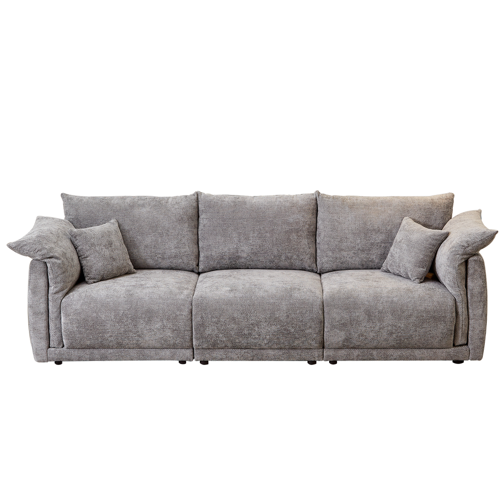 98.5' 3-seater sofa with unique design and soft arm pillows Contemporary style linen sofa with 3 comfortable cushions with 2 pillows Suitable for living room bedroom and office,grey