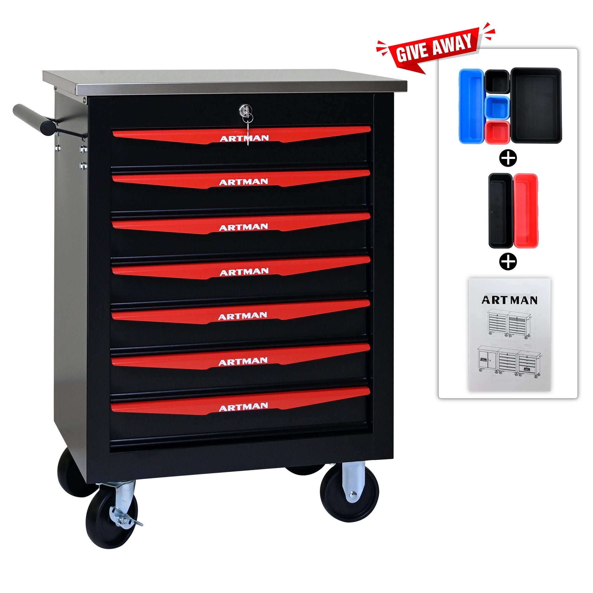 7-Drawer Multifunctional Tool Cart with Wheels, Metal Rolling Tool Cart Storage for Garage Workshop Warehouse Repair Shop - with Stainless Steel Roof - Black & Red