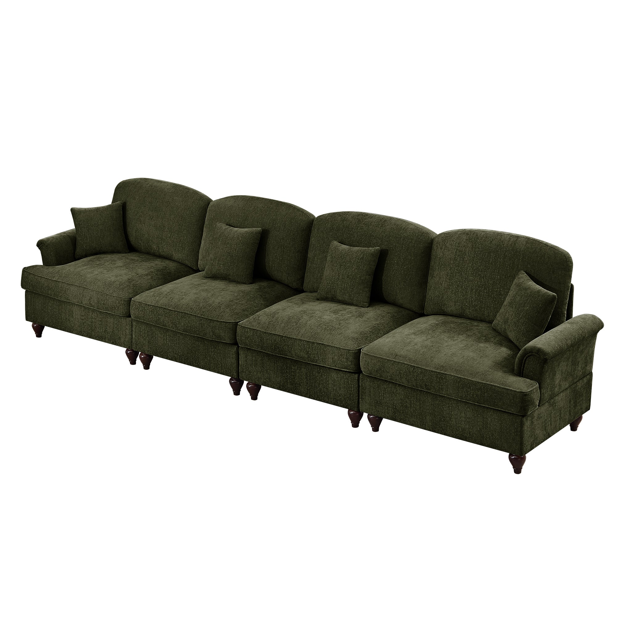 Elegant Mid Century Large 4 Seater Sofa Couch with Flared Arms and Removable Ruffles Pleats Skirts and Spindle Legs, Comfy Chenille Four-Seat Sofa for Living Room, Green