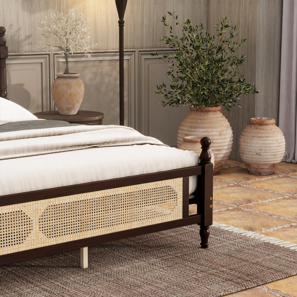 King Pine wooden Bed with Rattan Headboard  and Footboard, with  Central Enhanced Bed Platform ,Espresso