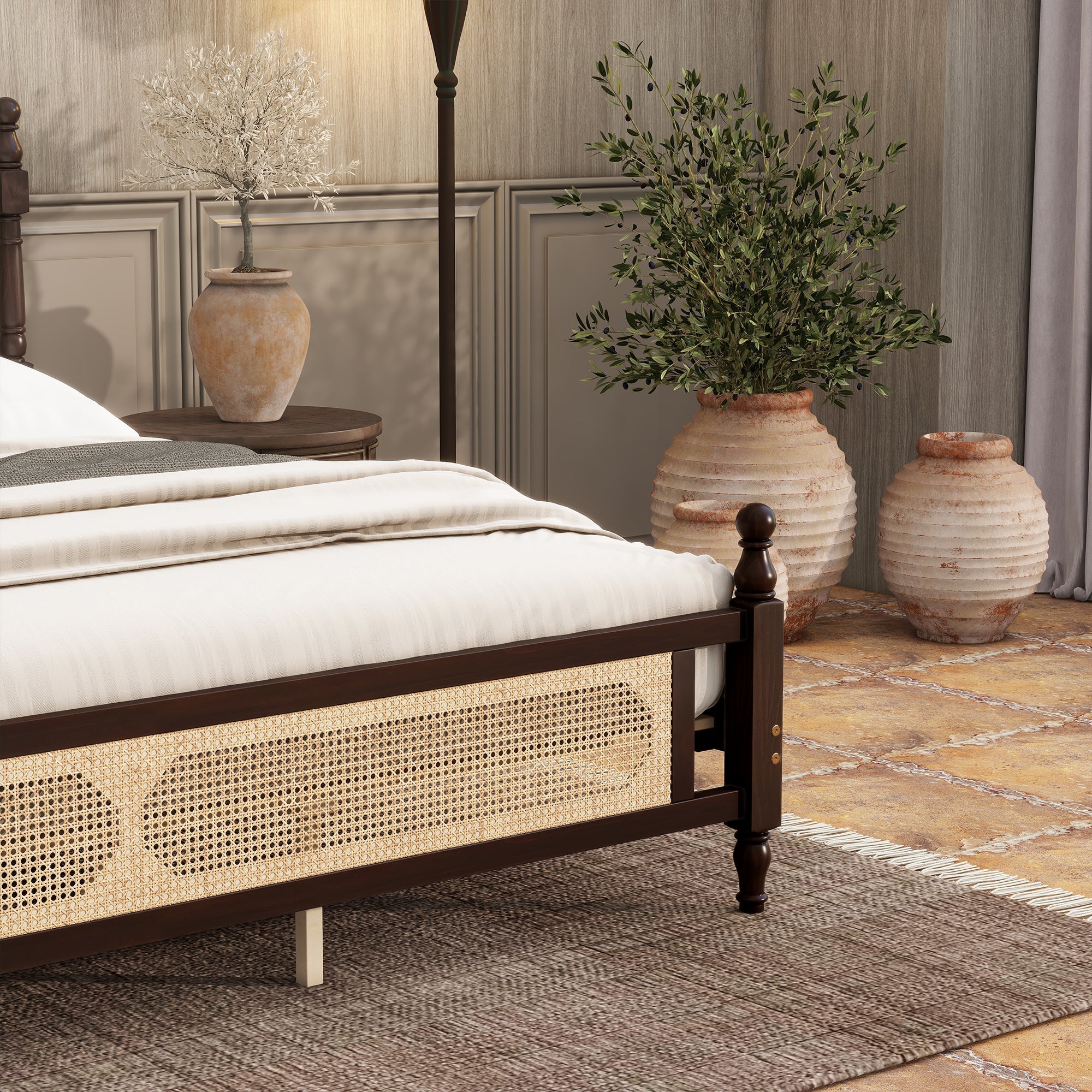 King Pine wooden Bed with Rattan Headboard  and Footboard, with  Central Enhanced Bed Platform ,Espresso
