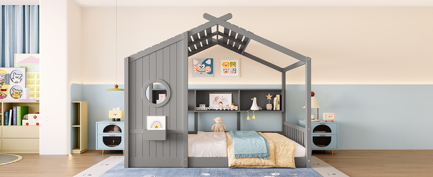 Full Size Floor House Bed for Toddler, Kids Montessori Bed  with Storage Shelf, Playhouse Bed with Roof Design, Gray