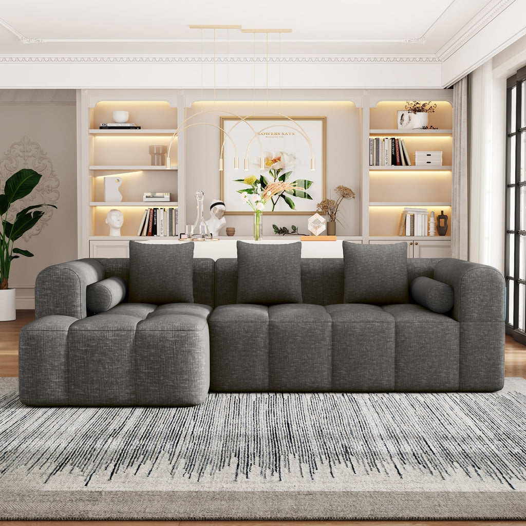 Modern Grey Modular Sectional Sofa with Deep Seating and Side Pockets in Chenille Fabric