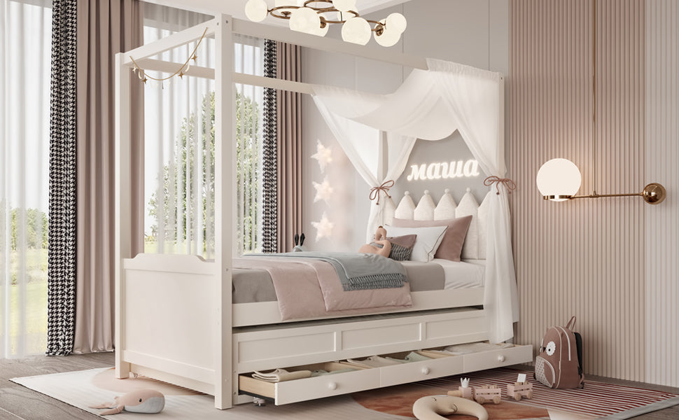 Twin Platform Bed with Upholstered Headboard,Twin Size Trundle and 3 Drawers,Princess Canopy Bed Frame for Kids,Storage & Easy Assembly,Beige