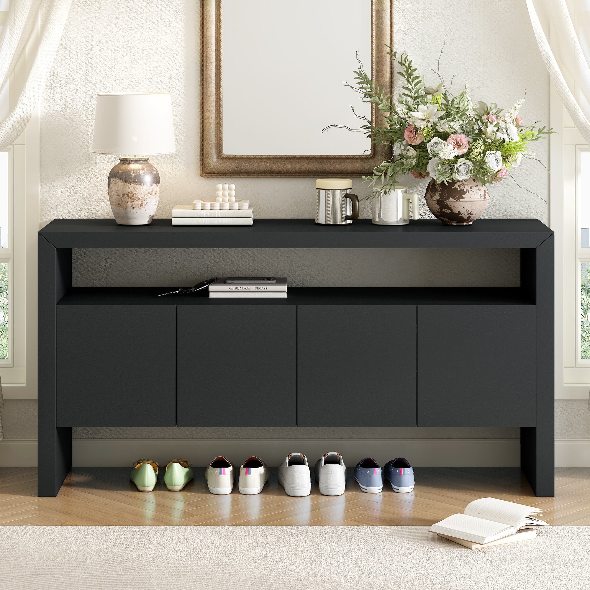 U_Style 60' 4-Door Sideboard, Modern Minimalist Solid Wood Veneer Sideboard with Open Shelf, Natural Wood Grain, Large Capacity Storage Console for Living Room, Hallway, Dining (Black/Natural)