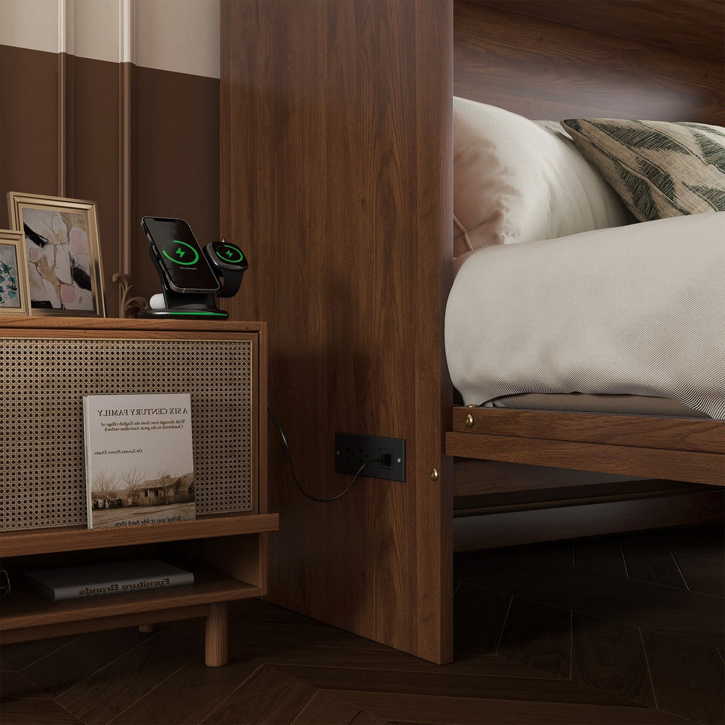 Queen Size Murphy Bed, Pine Wood Cabinet Bed with Power Station and Rattan Decoration Panel,Walnut