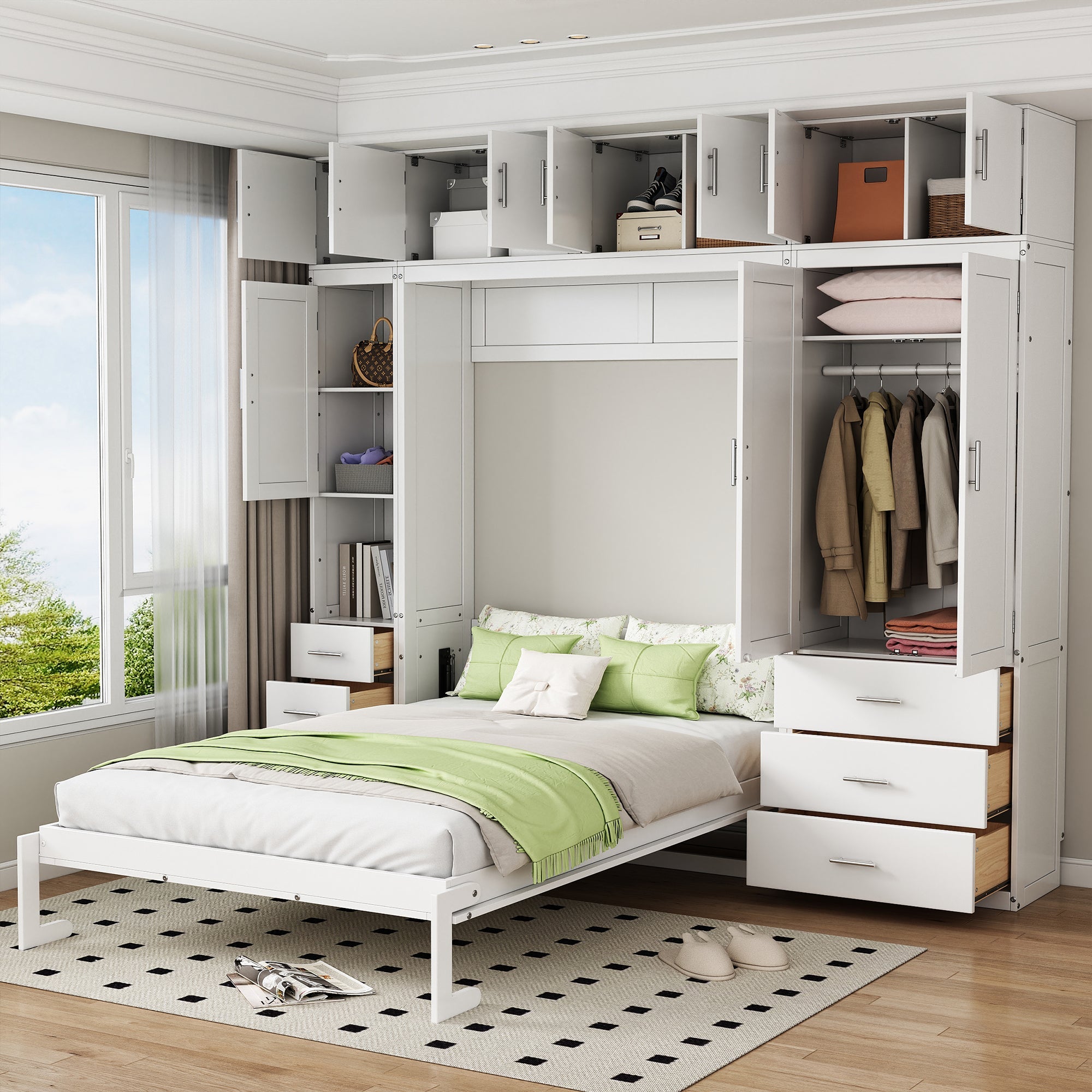 White Full Size Murphy Bed with Lockers and Wardrobes, MDF+Pine, 108.4''L x 15.7''W x 99''H