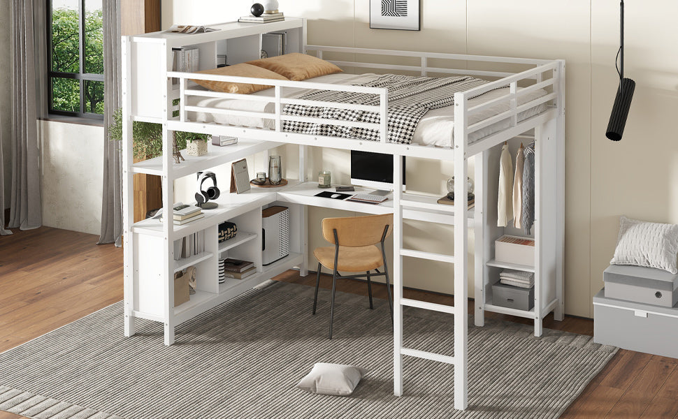 Metal Loft Bed with Wardrobe And L-shaped Desk, Queen Size Loft Bed with Storage Cubes and Shelves, Heavy Duty Loft Bed for Kids Teens Adults, White